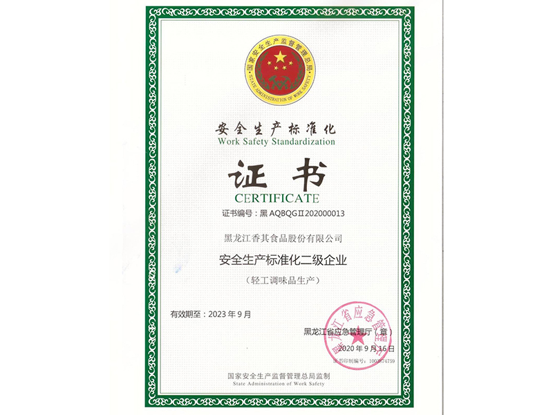 安全生產(chǎn)標準化二級企業(yè)證書
